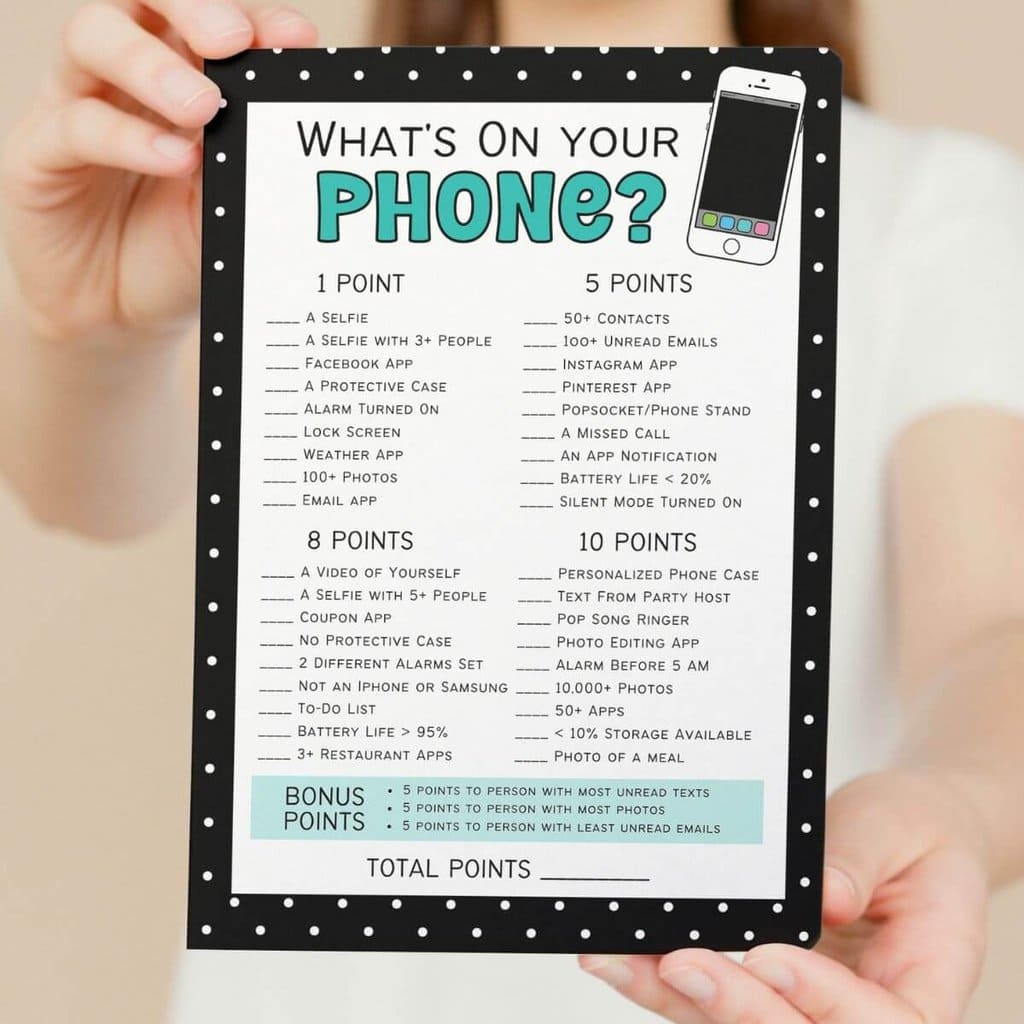 What 39 s On Your Phone Free Printable Party Game The Savvy Sparrow