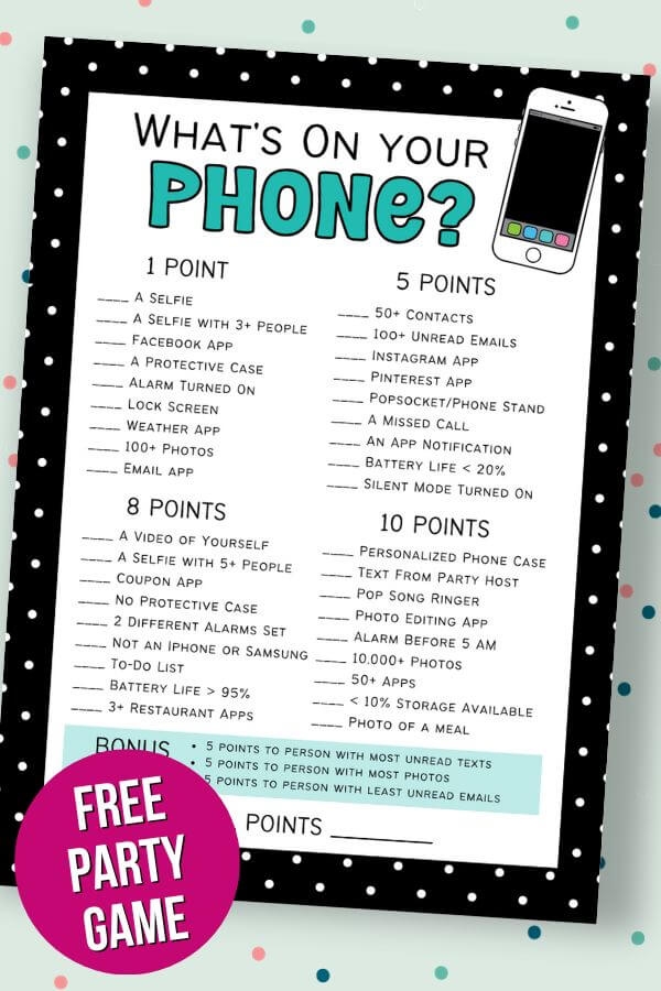 What 39 s On Your Phone Free Printable Party Game The Savvy Sparrow