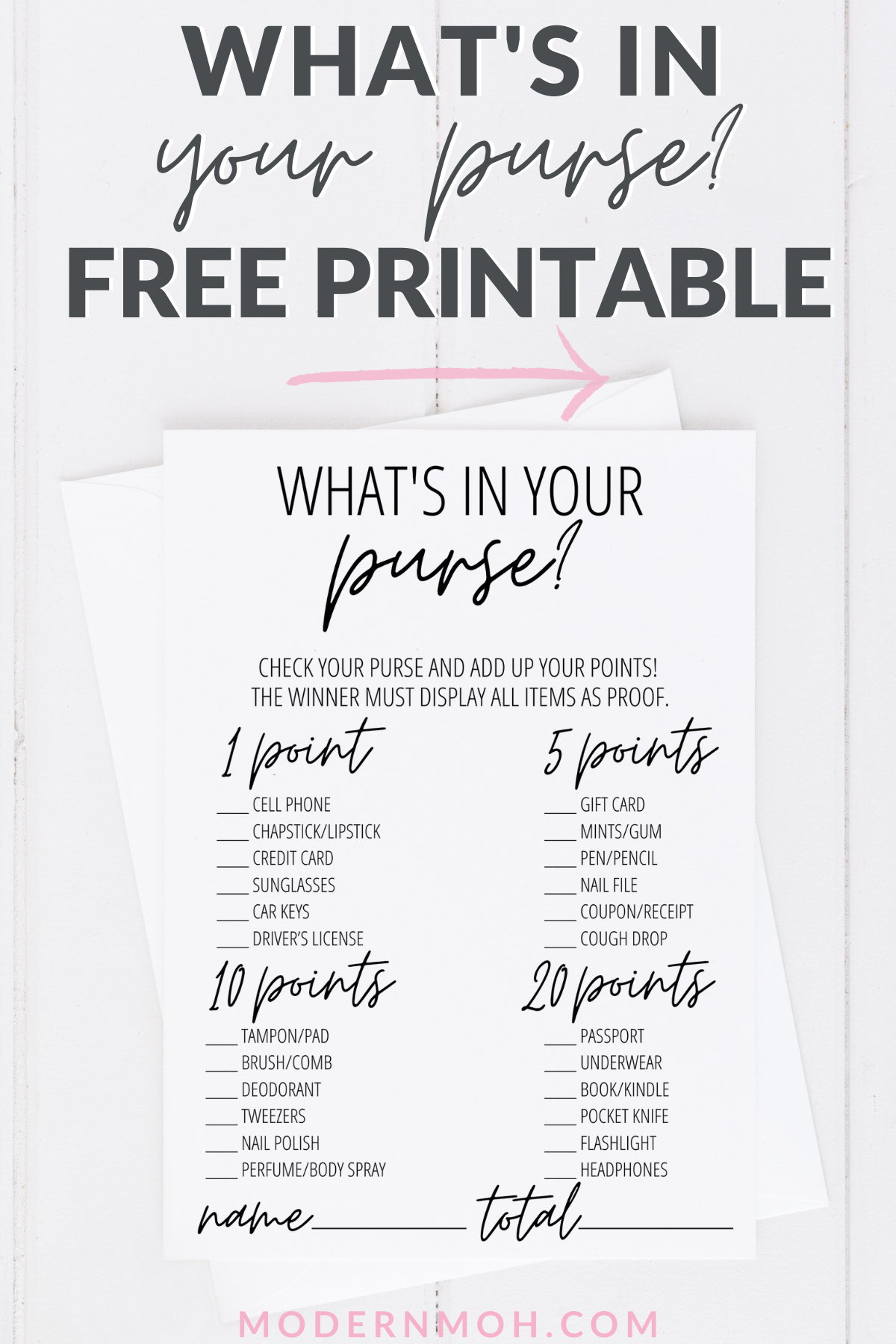 What s In Your Purse Game Free Printable Modern MOH Bridal Shower 